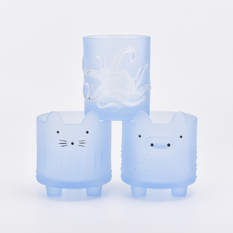 Glass Candle Holder Candles Jars with Lovely Kitten Design for Decor Blue