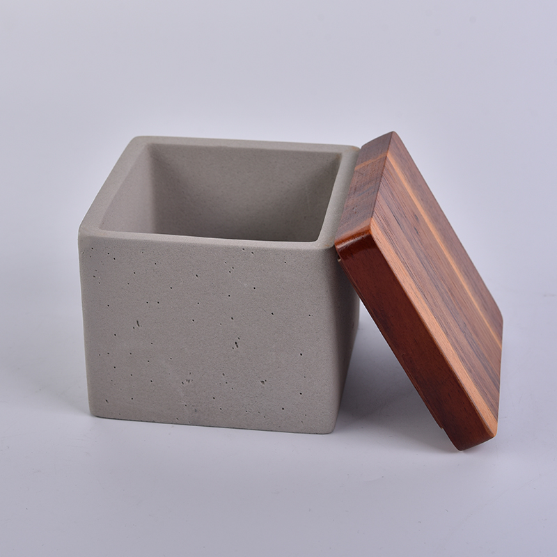 Square concrete candle jar or storage jar with Acacia mangium lid