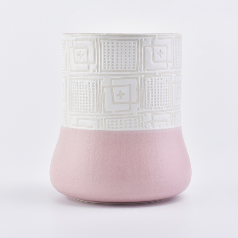 Home decoration cylinder round bottom totem pattern pink ceramic candle jar