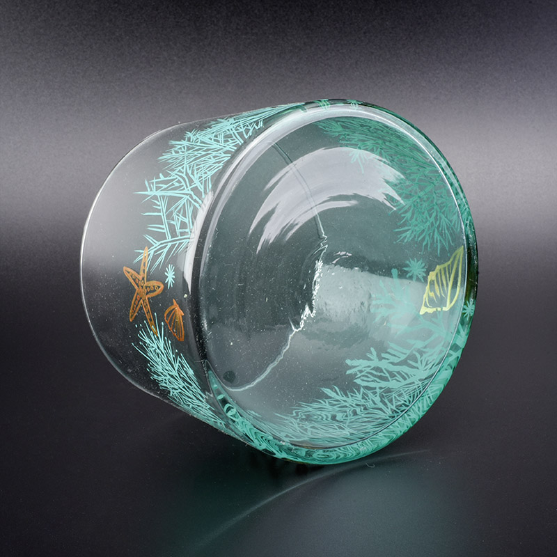 glass candle vessel with sea grass painting