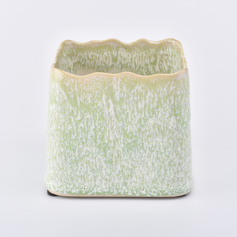 Green transmutation glazed square ceramic candle holder
