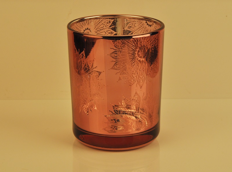 rose gold plating glass candle jar with flower laser pattern