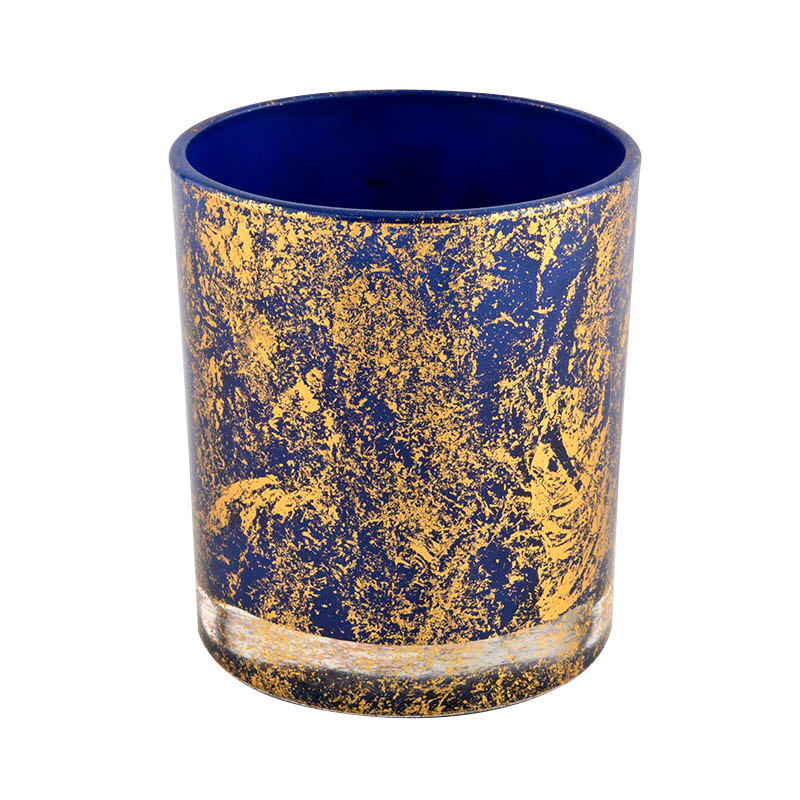 Wholesale Luxury Custom golden printing dust blue Glass Candle Jars