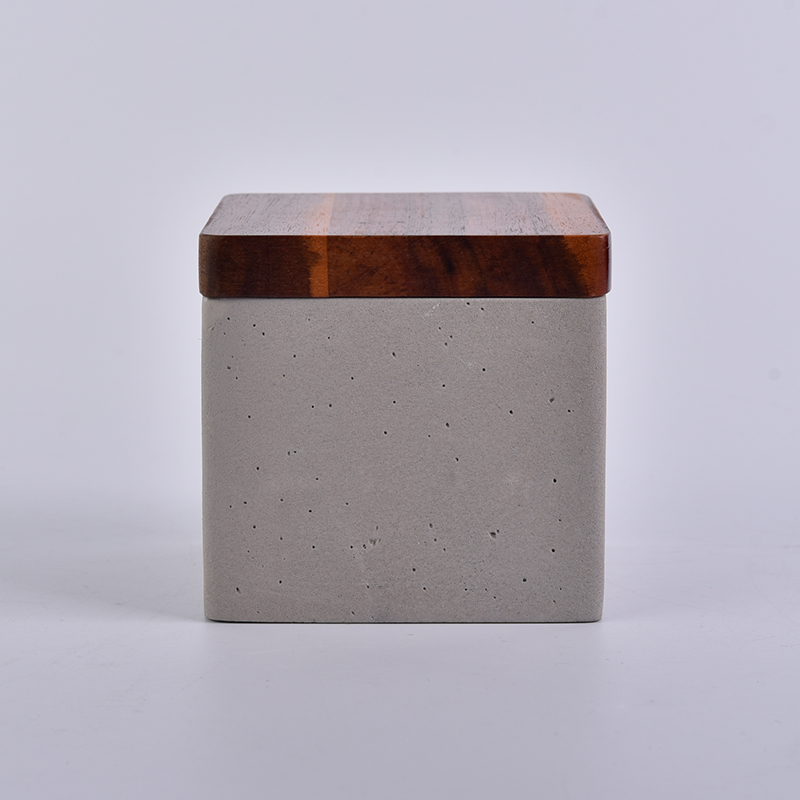 Square concrete candle jar or storage jar with Acacia mangium lid
