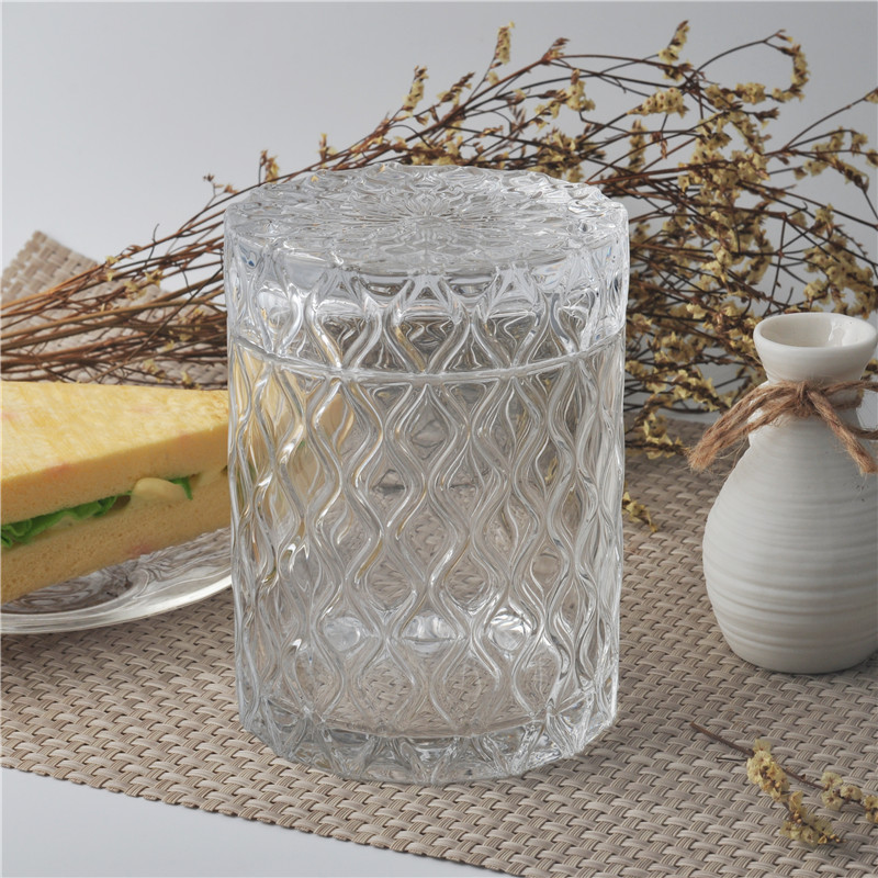 Clear diamond shaped surface glass jar with lid
Clear diamond shaped surface glass jar with lid