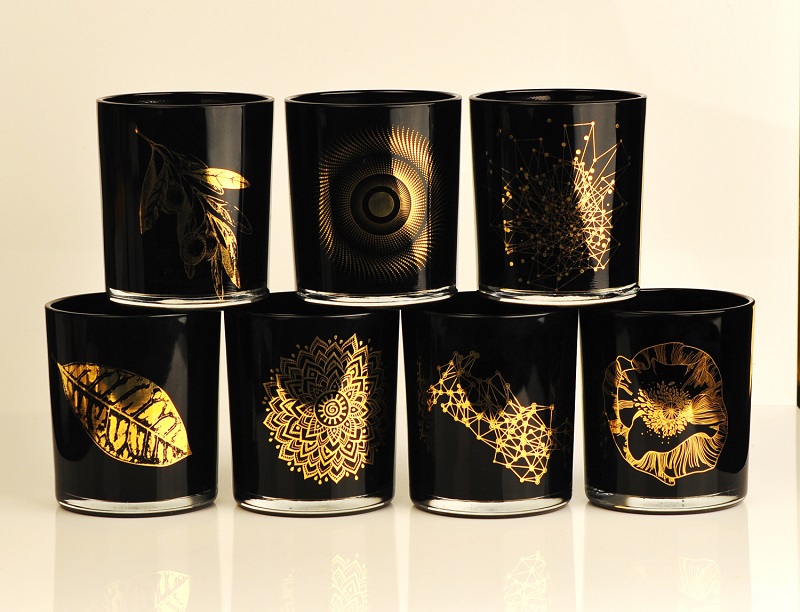 Black glass candle vessel with real gold decor various patterns