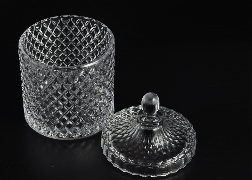 Crystal diamond emboss glass candle vessels jar with lid