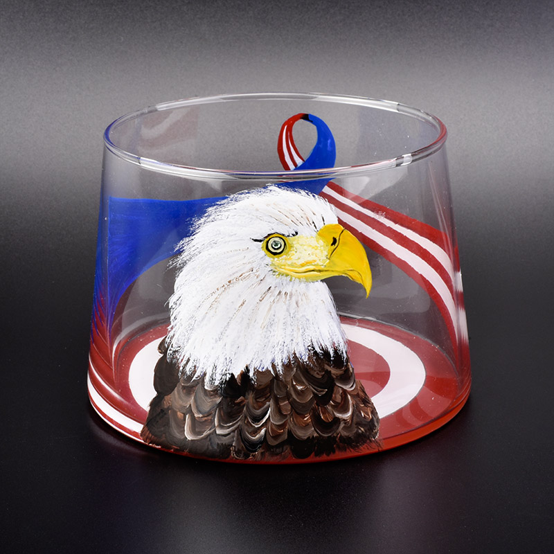 clear glass candle vessel with hand painting eagle