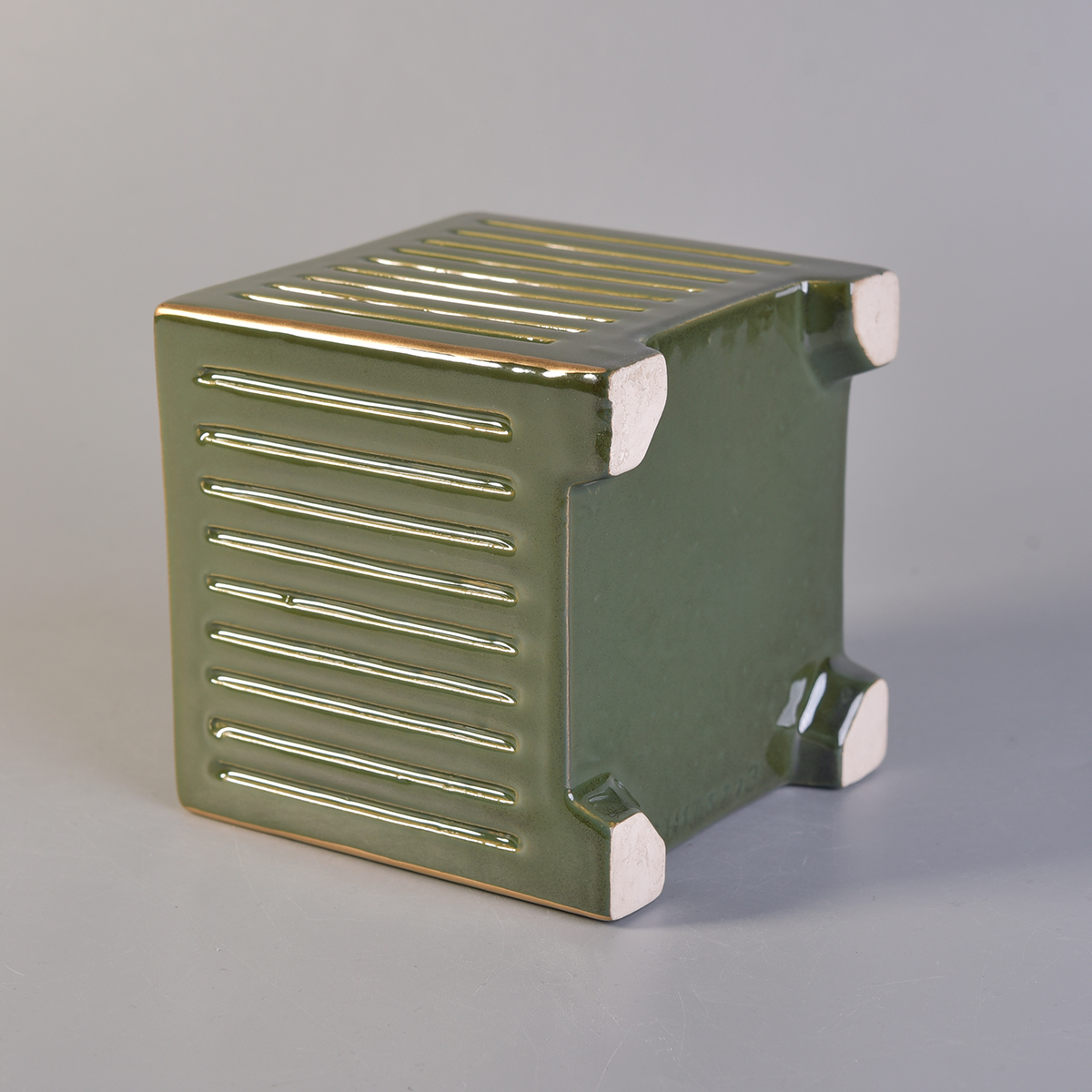 square ceramic candle jar in green