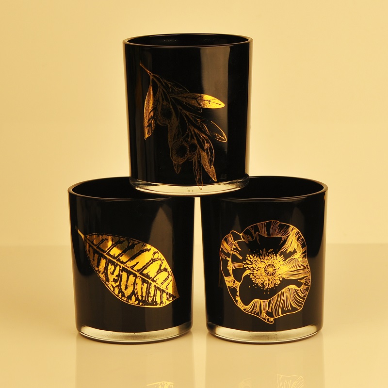 Black glass candle vessel with real gold decor various patterns