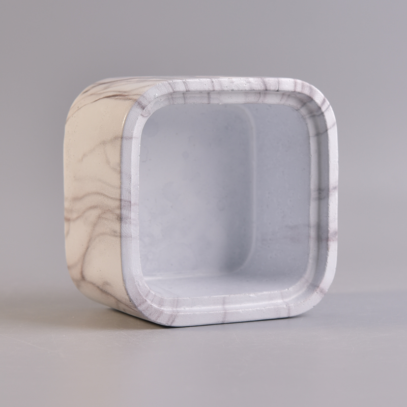 White square concrete candle holder with brown stripes pattern elegant water transfer printing concrete vessel for candles