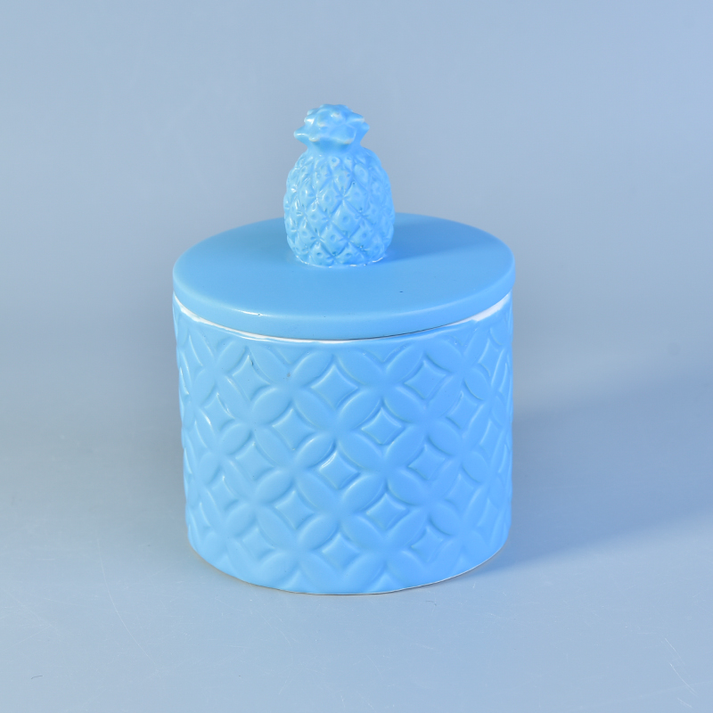 Candy color embossed ceramic candle holder with lid 