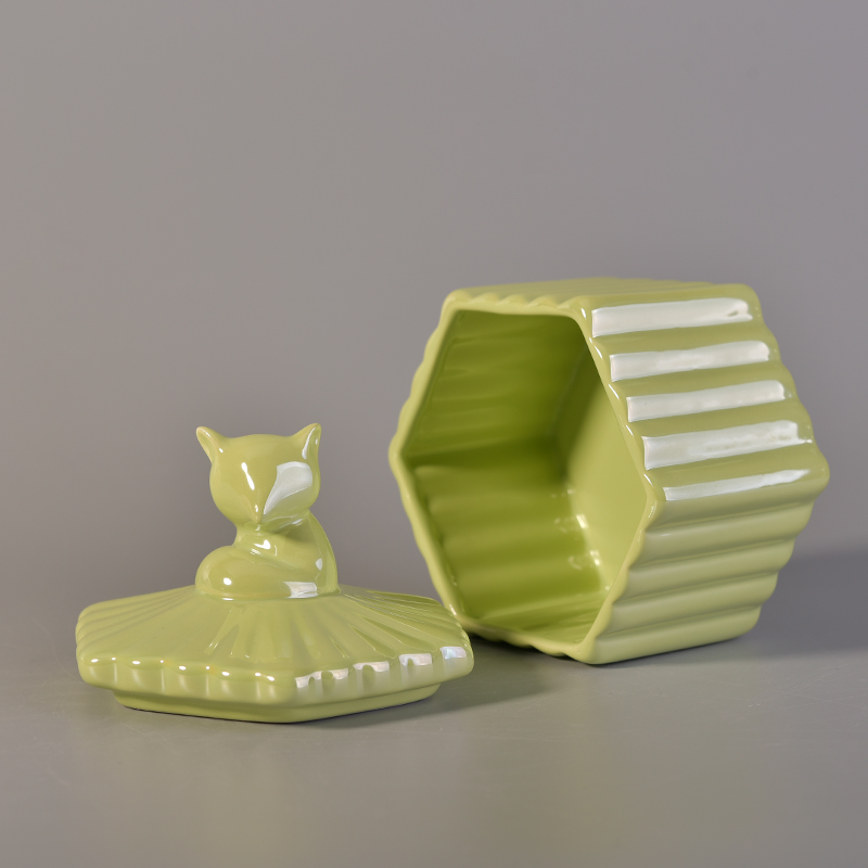 Green ceramic candle jar stripe surface pattern Green ceramic candle jar stripe surface pattern