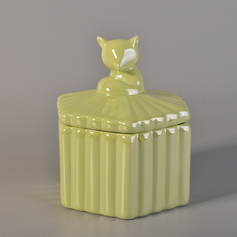 Green ceramic candle jar stripe surface pattern Green ceramic candle jar stripe surface pattern