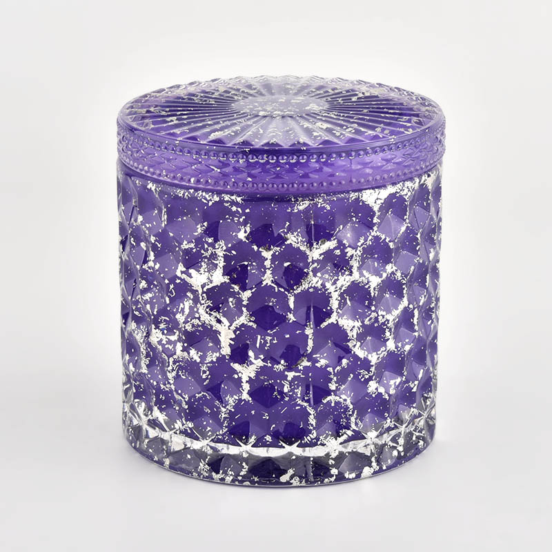 Custom mark purple glass shinning glass candlestick home decoration candle jar with lids