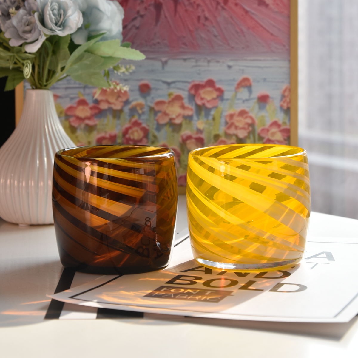 Wholesale amber striped glass candle jars candle holders in bulk