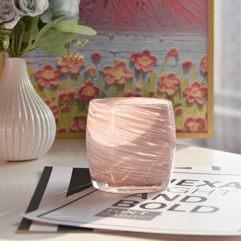 Wholesale pink gradated striped glass candle jars candle holder decoration