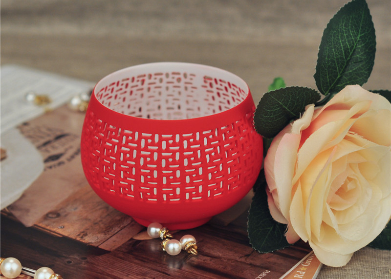 Red Colored Candle Holder with Pierced Pattern