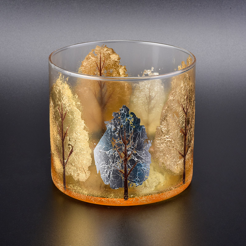 Hand painting glass candle holder Autumn maple forest pattern wholesale 15oz