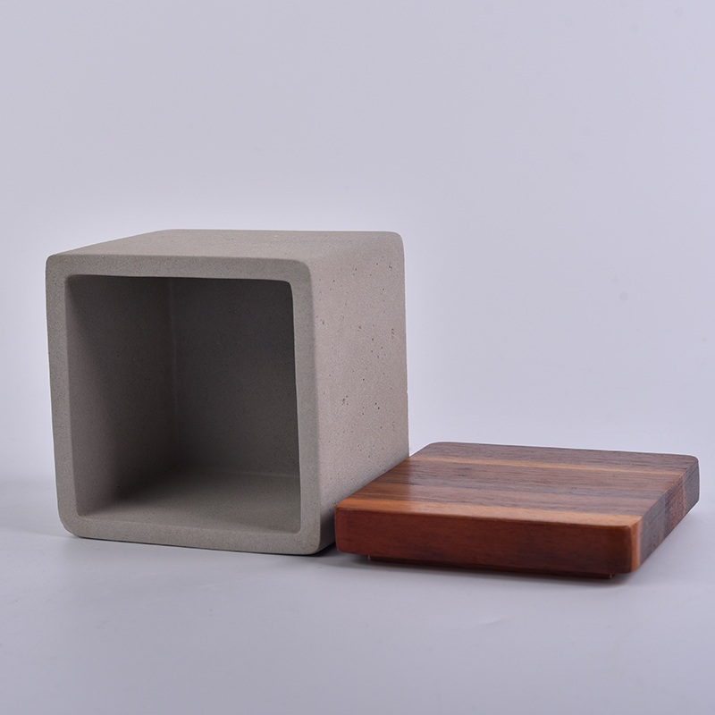 Square concrete candle jar or storage jar with Acacia mangium lid