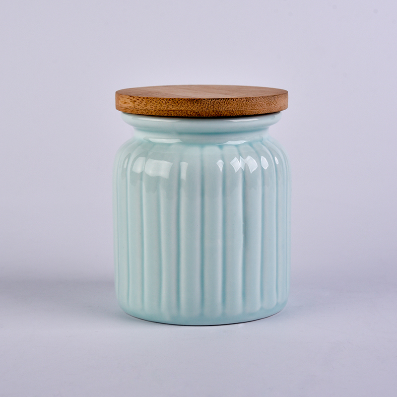 Blue ceramic jar with wood lid 300ml cylinder storage jar