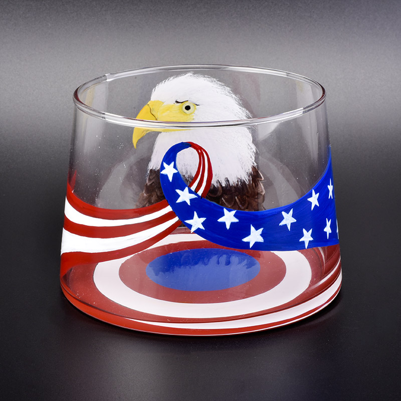 clear glass candle vessel with hand painting eagle