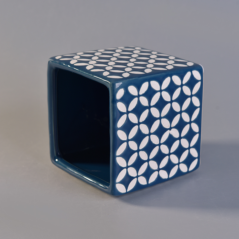 blue ceramic candle jar with white printing pattern blue ceramic candle jar with white printing pattern