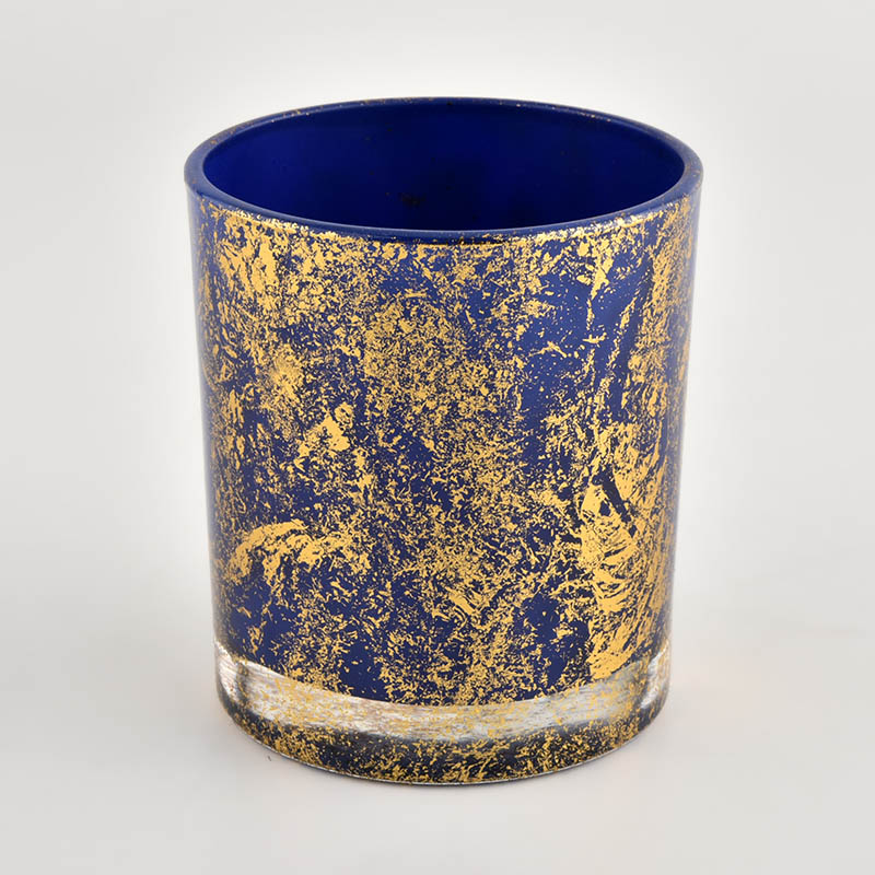 Wholesale Luxury Custom golden printing dust blue Glass Candle Jars
