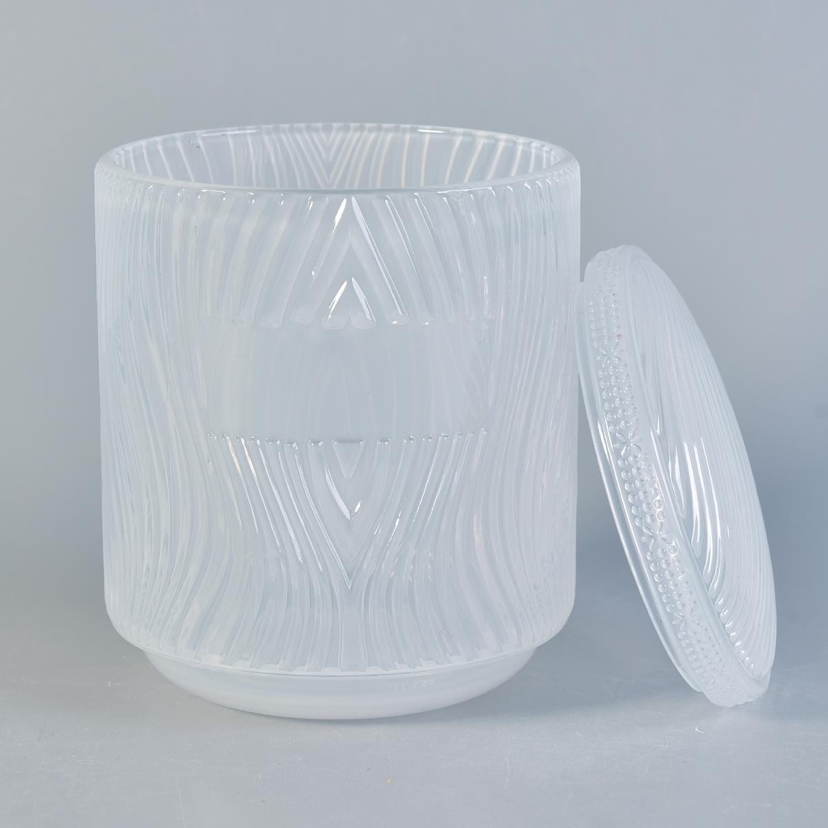 Embossed White Glass Candle Jars With Lids