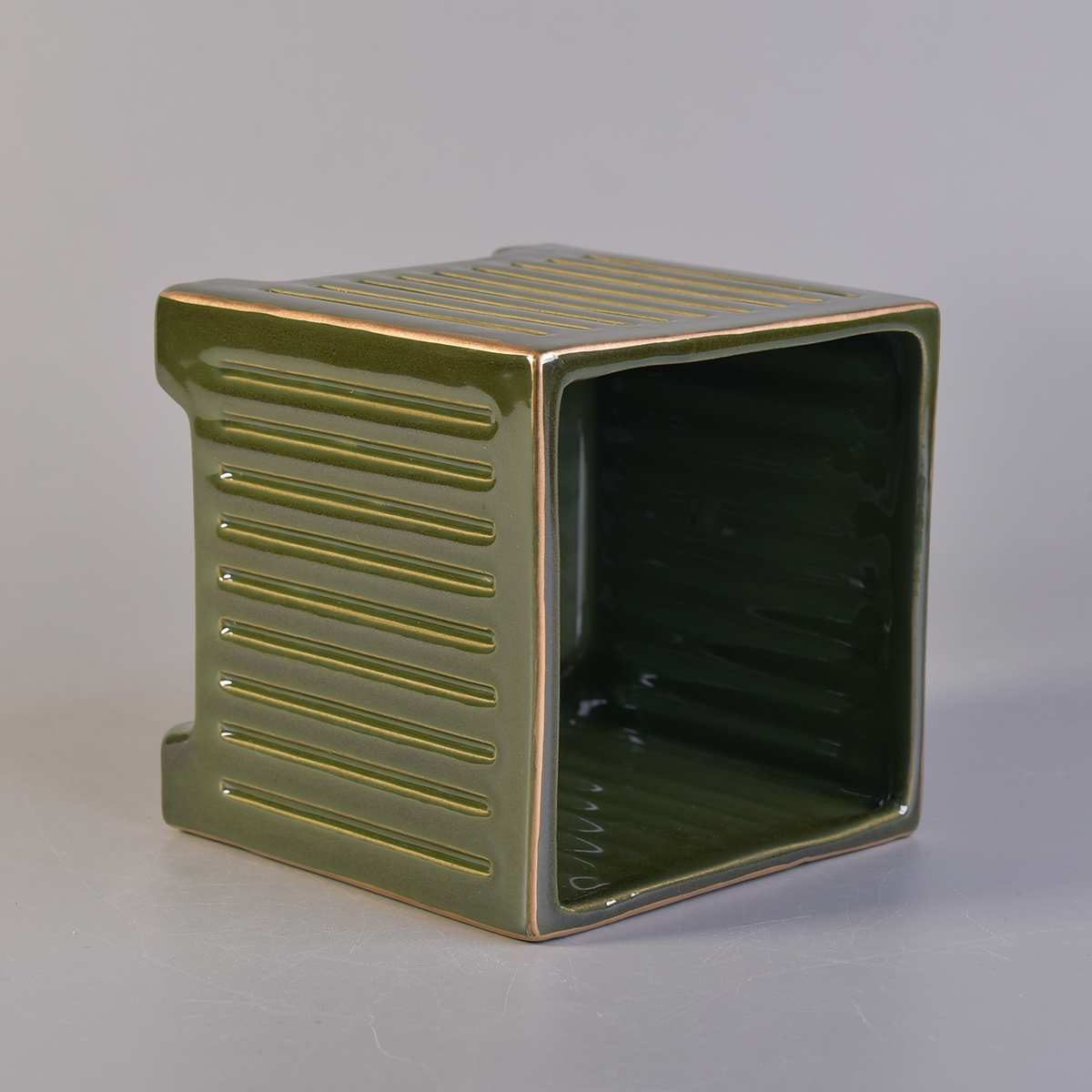 square ceramic candle jar in green