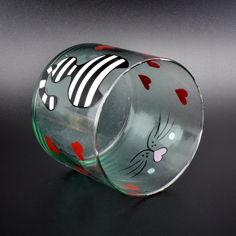 100mm dia cylinder glass candle holder with hand drawing cat