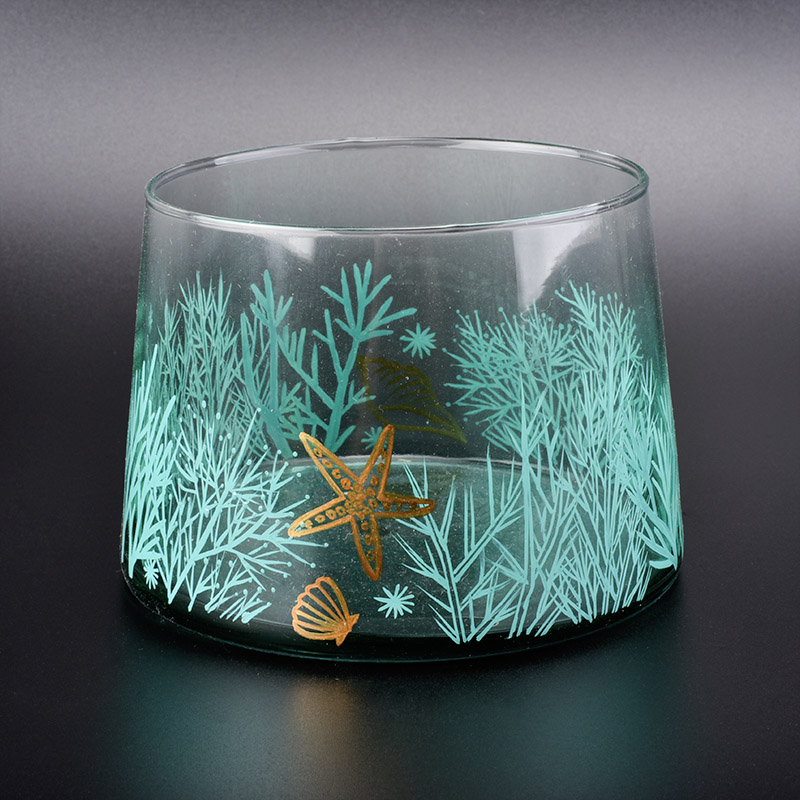 glass candle vessel with sea grass painting