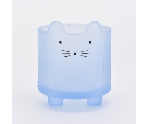 400ml可爱的猫脸玻璃烛台，哑光蓝色