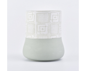 家居装饰圆筒圆底图腾图案绿色陶瓷蜡烛罐