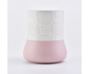 家居装饰圆筒圆底图腾图案粉色陶瓷蜡烛罐