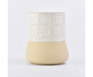 家居装饰圆筒圆底图腾图案黄色陶瓷蜡烛罐