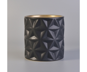 豪华哑光黑色浮雕陶瓷蜡烛罐