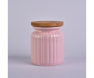 粉红色陶瓷蜡烛罐，木盖300ml容量