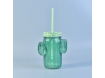 Creative cactus glass beverage bottle with straw and lid