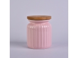 Pink stripe ceramic candle vessel with lid