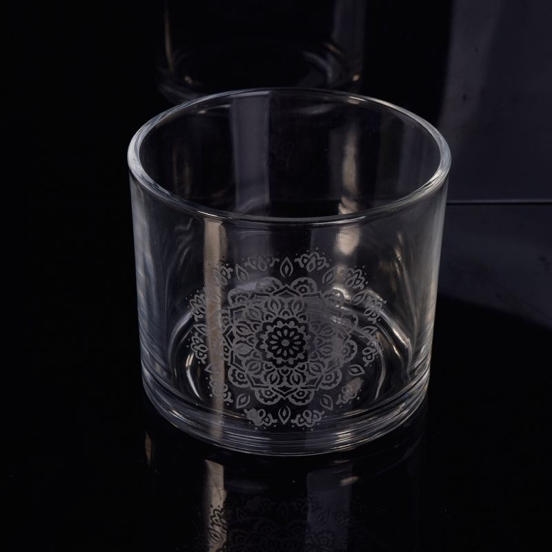 Cylinder glass candle jar with flower decoration sculpture
