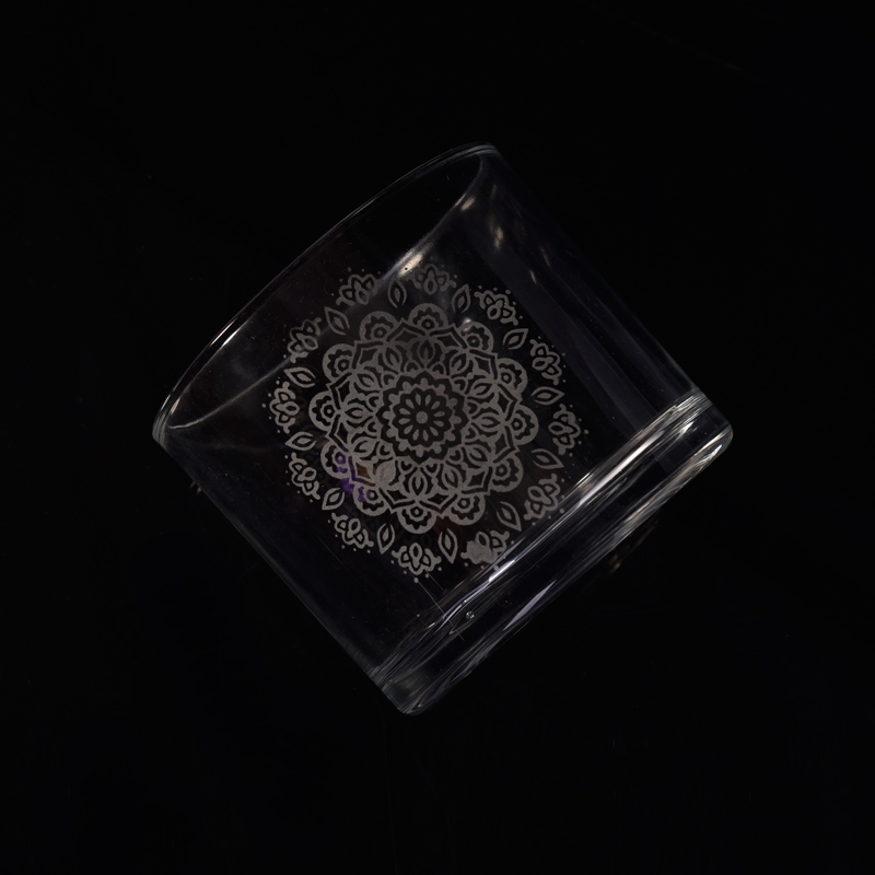 Cylinder glass candle jar with flower decoration sculpture