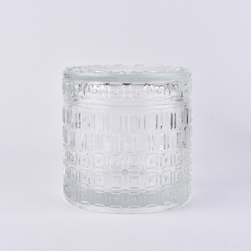 Hurricane cylinder embossed glass candle holder with lid