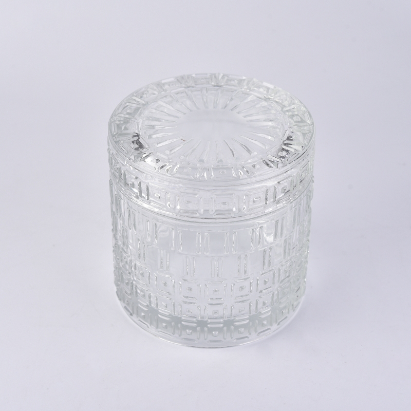 Hurricane cylinder embossed glass candle holder with lid