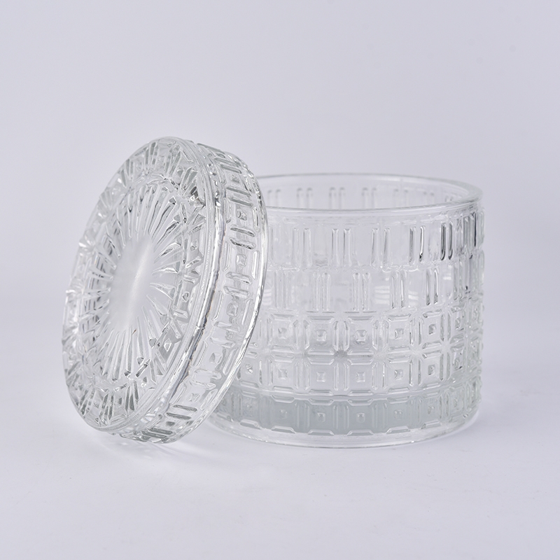 Hurricane cylinder embossed glass candle holder with lid