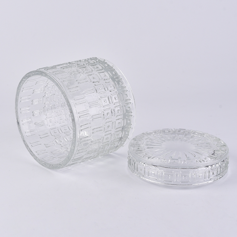 Hurricane cylinder embossed glass candle holder with lid